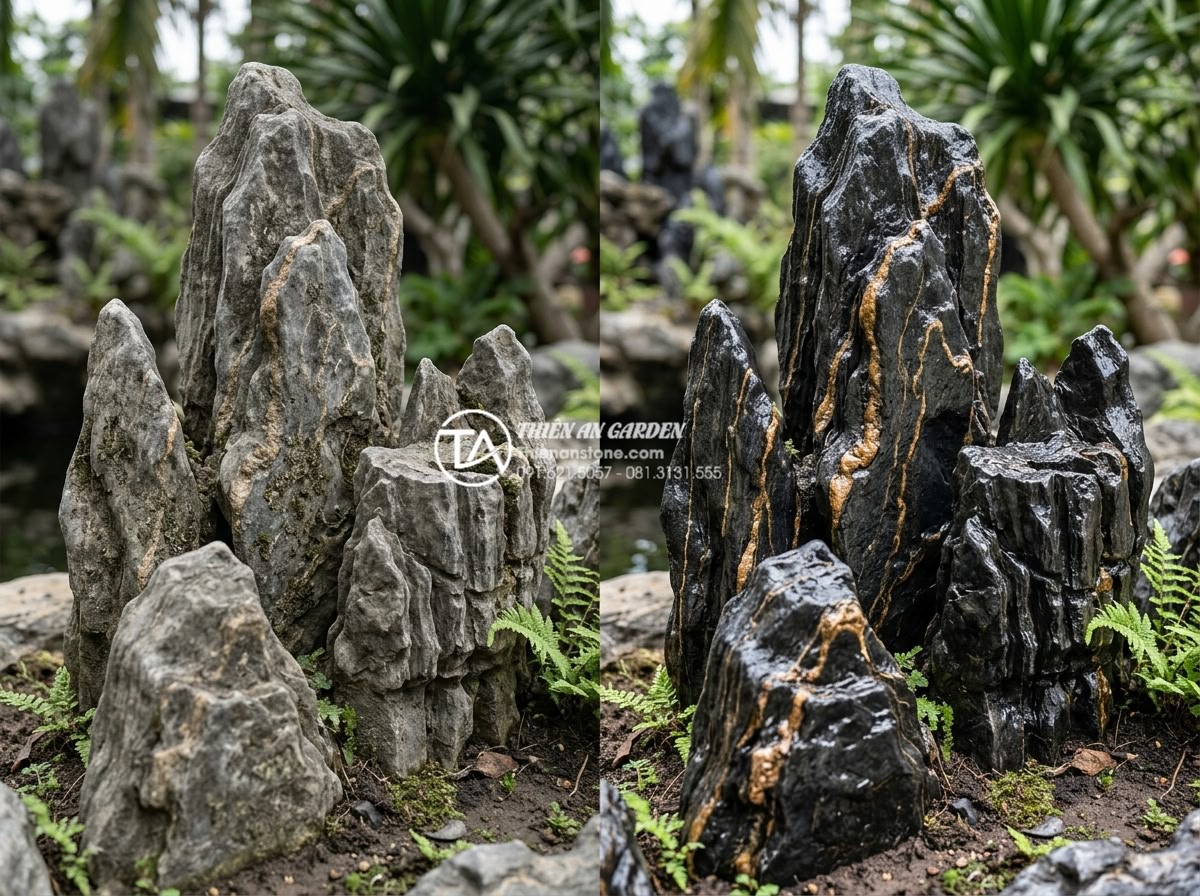 Ứng dụng đá trầm tích trong kiến trúc và trang trí sân vườn hiện đại - Hình 15 Ứng dụng đá trầm tích trong kiến trúc và trang trí sân vườn hiện đại - Before and after maintenance images of weathered sedimentary garden stones being
