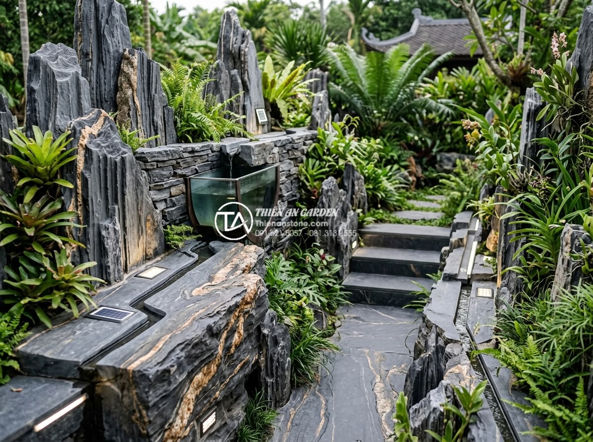 Ứng dụng đá trầm tích trong kiến trúc và trang trí sân vườn hiện đại - Hình 17 Ứng dụng đá trầm tích trong kiến trúc và trang trí sân vườn hiện đại - Futuristic sustainable garden design featuring sedimentary stones integrated wit