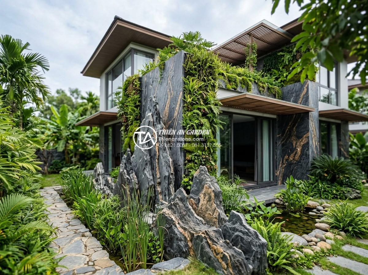 Ứng dụng đá trầm tích trong kiến trúc và trang trí sân vườn hiện đại - Hình 18 Ứng dụng đá trầm tích trong kiến trúc và trang trí sân vườn hiện đại - Eco-friendly modern villa exterior with extensive use of natural sedimentary roc