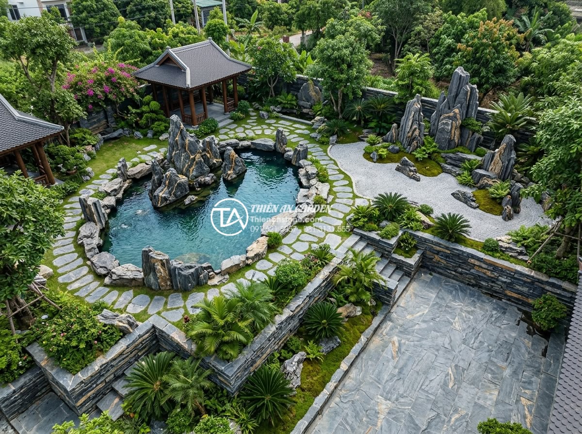 Ứng dụng đá trầm tích trong kiến trúc và trang trí sân vườn hiện đại - Hình 20 Ứng dụng đá trầm tích trong kiến trúc và trang trí sân vườn hiện đại - Aerial view of multiple completed garden projects showcasing various application