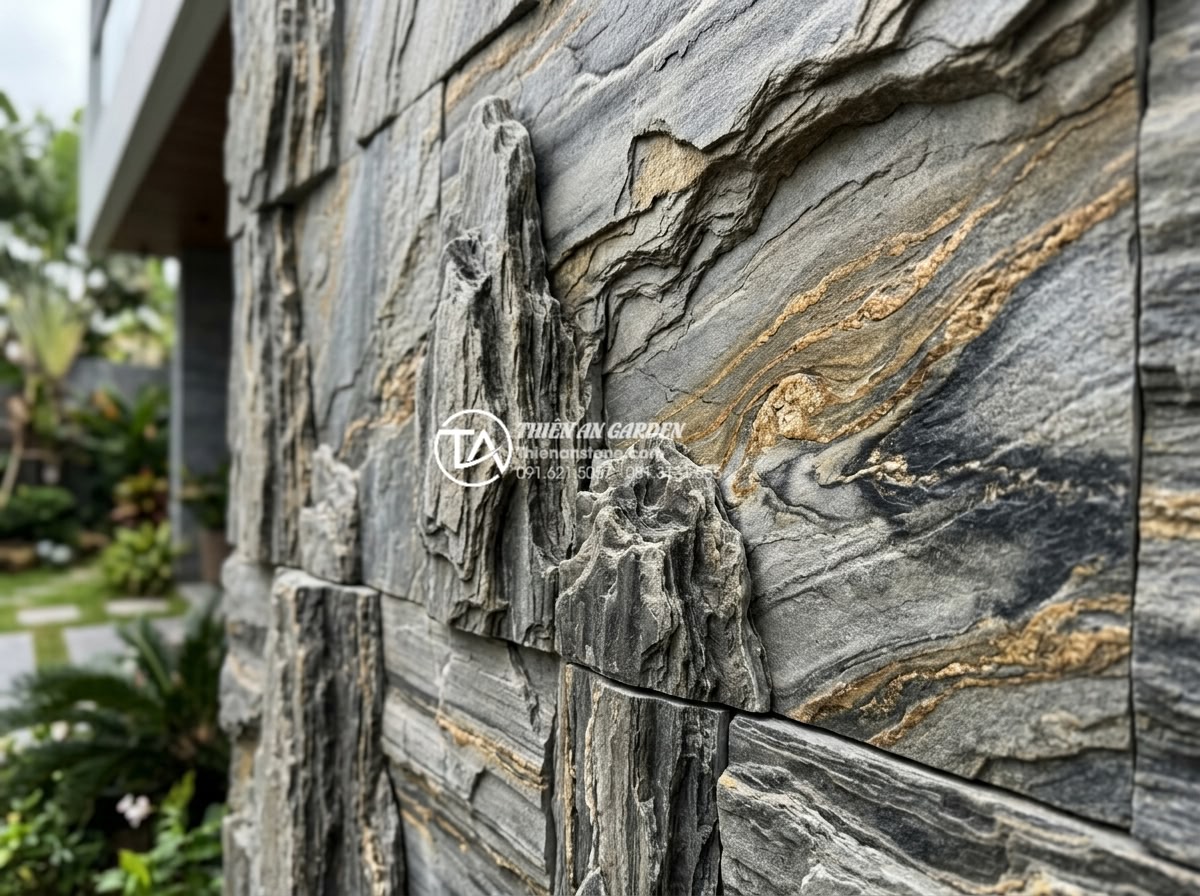 Ứng dụng đá trầm tích trong ốp lát mặt tiền và tường rào - Close-up view of layered sedimentary stone slabs showing natural stratification,