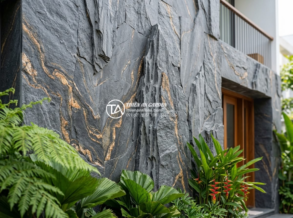 Ứng dụng đá trầm tích trong ốp lát mặt tiền và tường rào - Long-term maintained sedimentary stone facade after 5 years with pristine condit