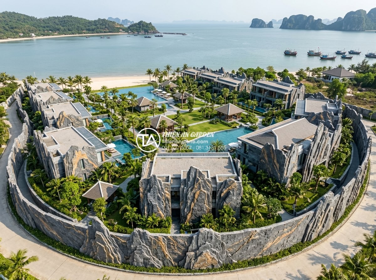 Ứng dụng đá trầm tích trong ốp lát mặt tiền và tường rào - Aerial view of completed resort project featuring extensive sedimentary stone ap