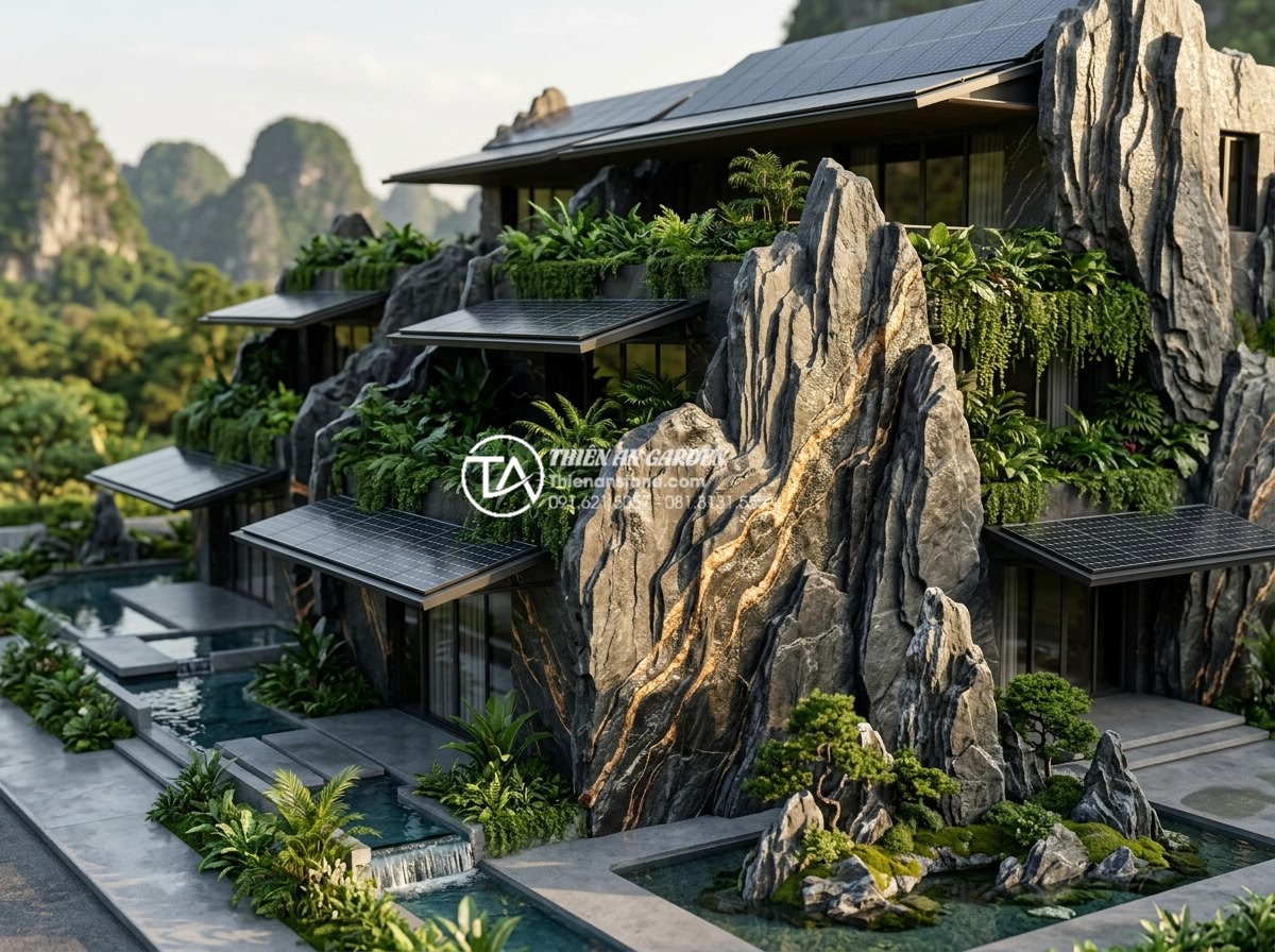 Ứng dụng đá trầm tích trong ốp lát mặt tiền và tường rào - Futuristic concept rendering of sustainable architecture using sedimentary stone