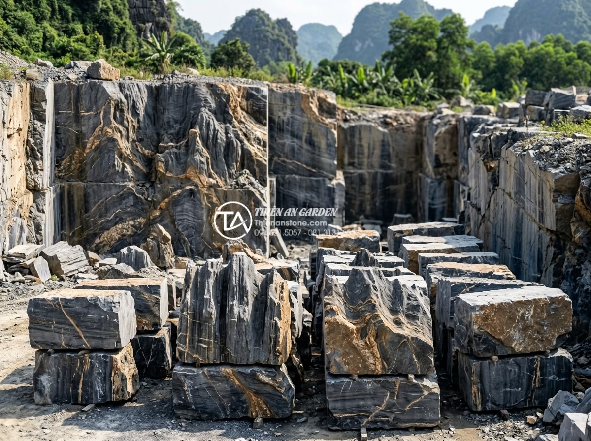 Ứng dụng đá trầm tích trong ốp lát mặt tiền và tường rào - Wide angle shot of sedimentary rock quarry in Vietnam with stacked natural stone