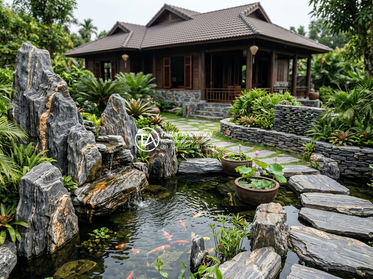 Ứng dụng đá trầm tích trong ốp lát mặt tiền và tường rào - Innovative garden design featuring sedimentary stone elements in walls, pathways