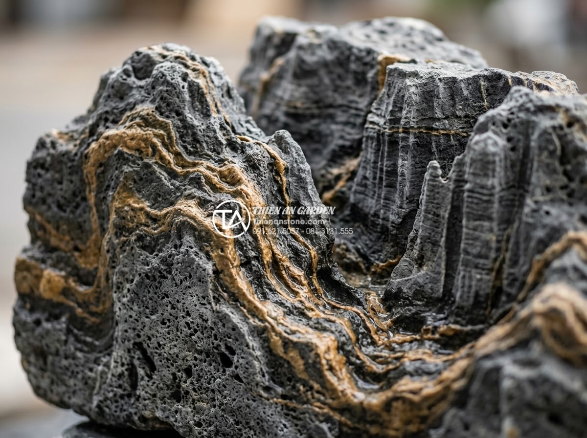 Ứng dụng đá trầm tích trong ốp lát mặt tiền và tường rào - Technical close-up of sedimentary stone cross-section revealing porosity, minera