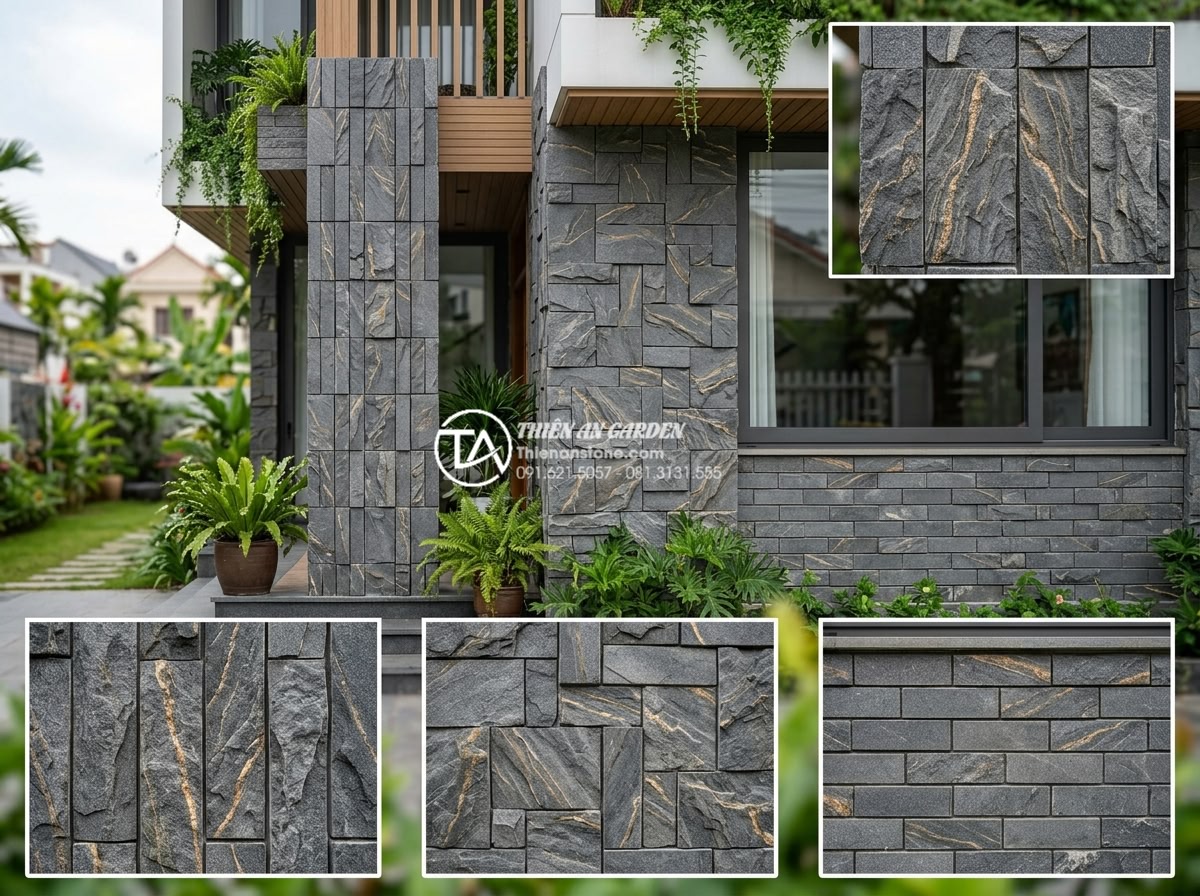 Ứng dụng đá trầm tích trong ốp lát mặt tiền và tường rào - Various installation patterns of sedimentary stone on modern house facade includ