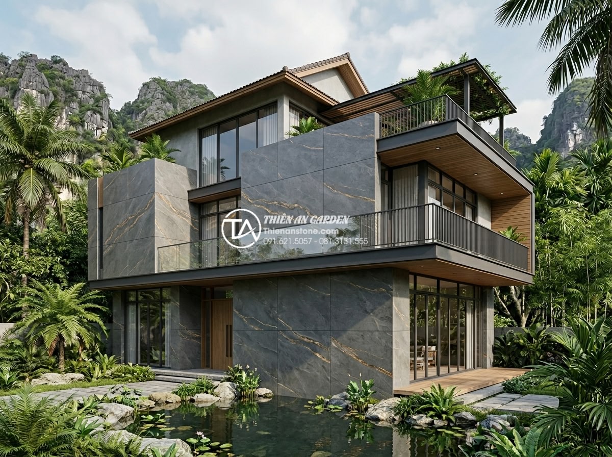 Ứng dụng đá trầm tích trong ốp lát mặt tiền và tường rào - Architectural rendering of contemporary villa with sedimentary stone cladding in