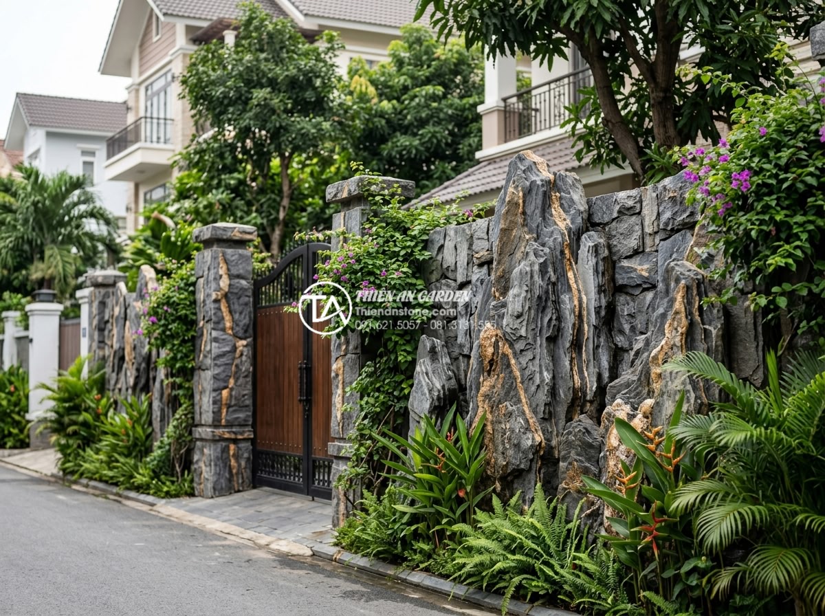Ứng dụng đá trầm tích trong ốp lát mặt tiền và tường rào - Elegant residential fence wall constructed with sedimentary stone blocks, incorp