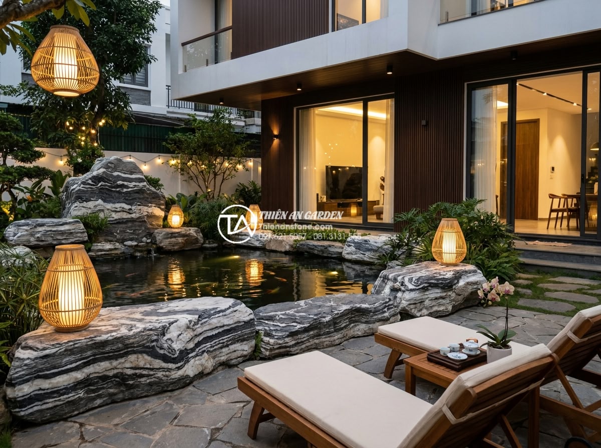 Ứng dụng đá tuyết sơn trong thiết kế tiểu cảnh và sân vườn hiện đại - Peaceful evening scene of a modern family garden featuring white snow stone elem