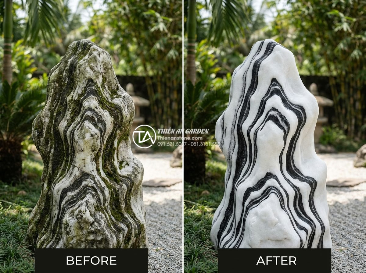 Ứng dụng đá tuyết sơn trong thiết kế tiểu cảnh và sân vườn hiện đại - Before and after maintenance comparison of a snow stone garden feature showing r