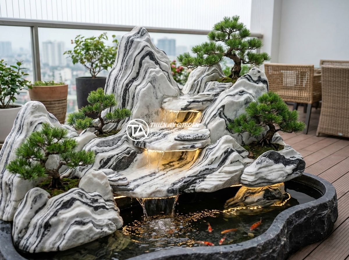 Ứng dụng đá tuyết sơn trong thiết kế tiểu cảnh và sân vườn hiện đại - Detailed modern miniature rockery non-bo made from premium white snow stone with