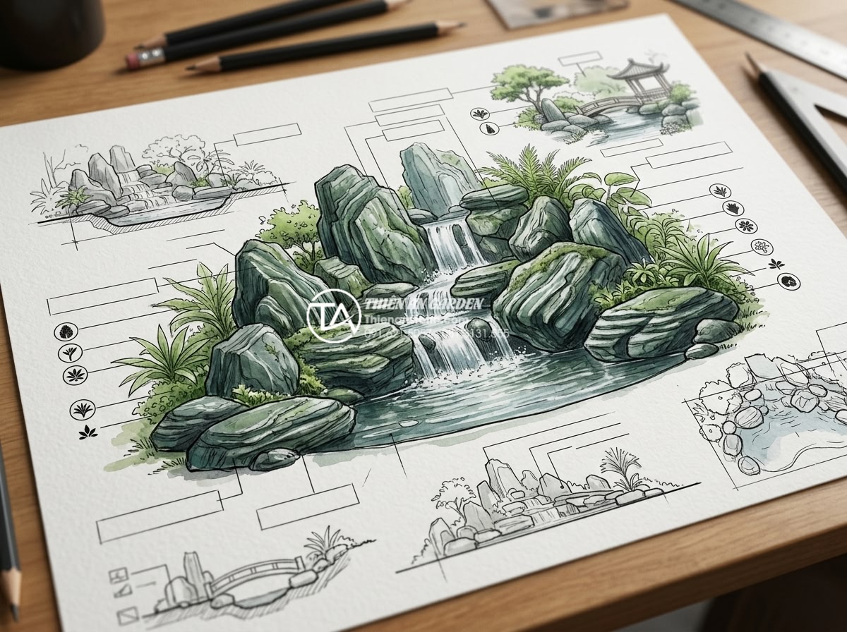 Xu hướng sử dụng đá xanh Nhật Bản làm thác nước sân vườn 2026 - Professional garden design sketch featuring cascading waterfall with blue Japane
