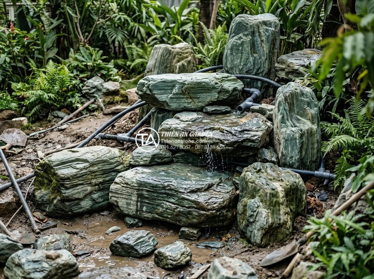 Xu hướng sử dụng đá xanh Nhật Bản làm thác nước sân vườn 2026 - Construction process photo of building a stone waterfall with Japanese blue rock