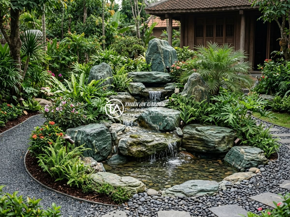Xu hướng sử dụng đá xanh Nhật Bản làm thác nước sân vườn 2026 - Completed professional installation of a green stone Japanese waterfall, final t
