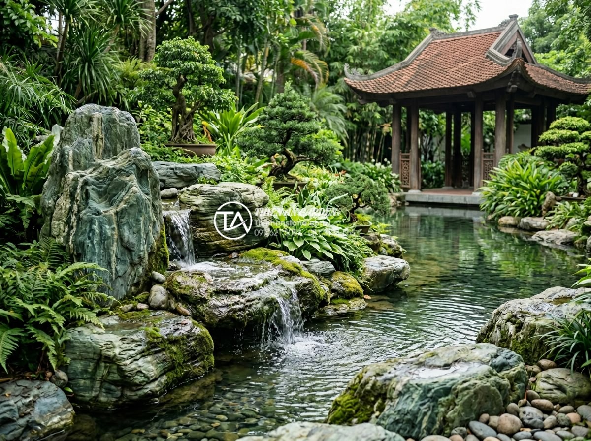 Xu hướng sử dụng đá xanh Nhật Bản làm thác nước sân vườn 2026 - Serene garden scene with Japanese stone waterfall providing relaxation, people e