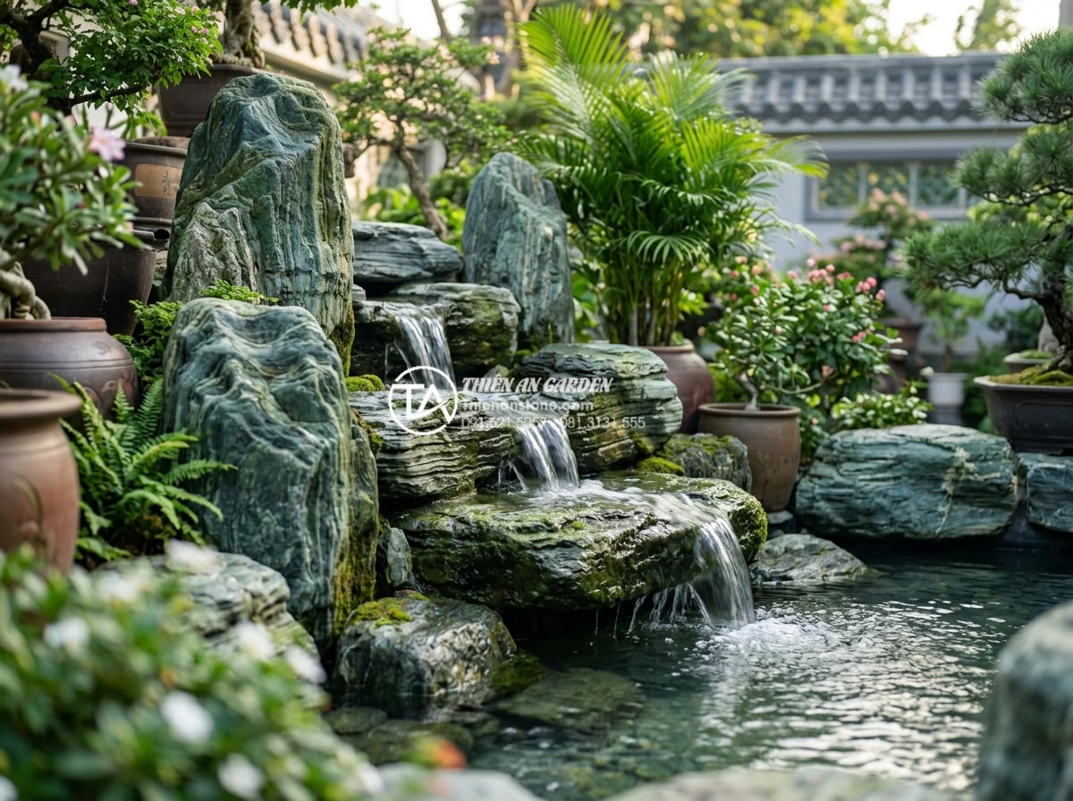 Xu hướng sử dụng đá xanh Nhật Bản làm thác nước sân vườn 2026 - Therapeutic water feature benefits illustrated with Japanese green stones waterf