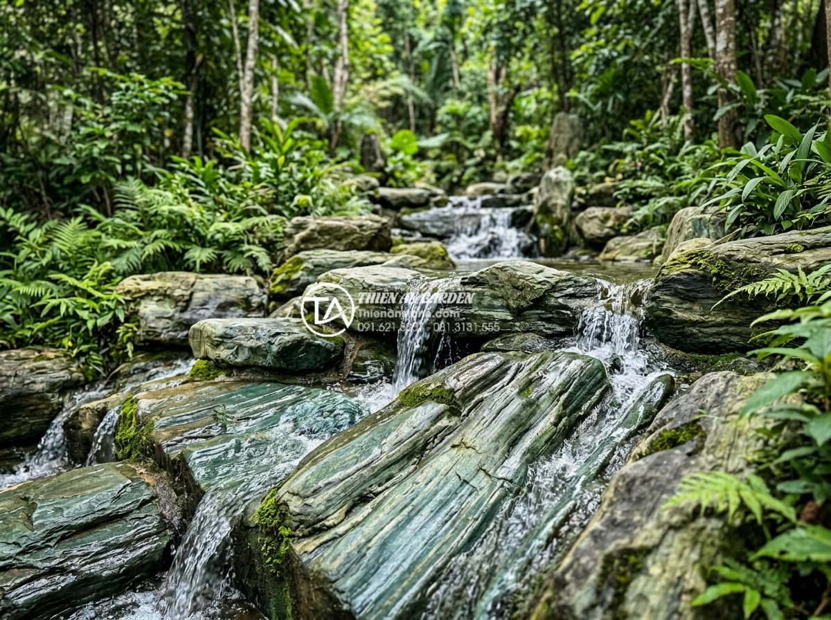Xu hướng sử dụng đá xanh Nhật Bản làm thác nước sân vườn 2026 - Side-by-side comparison of Japanese blue stone vs granite and basalt in waterfal