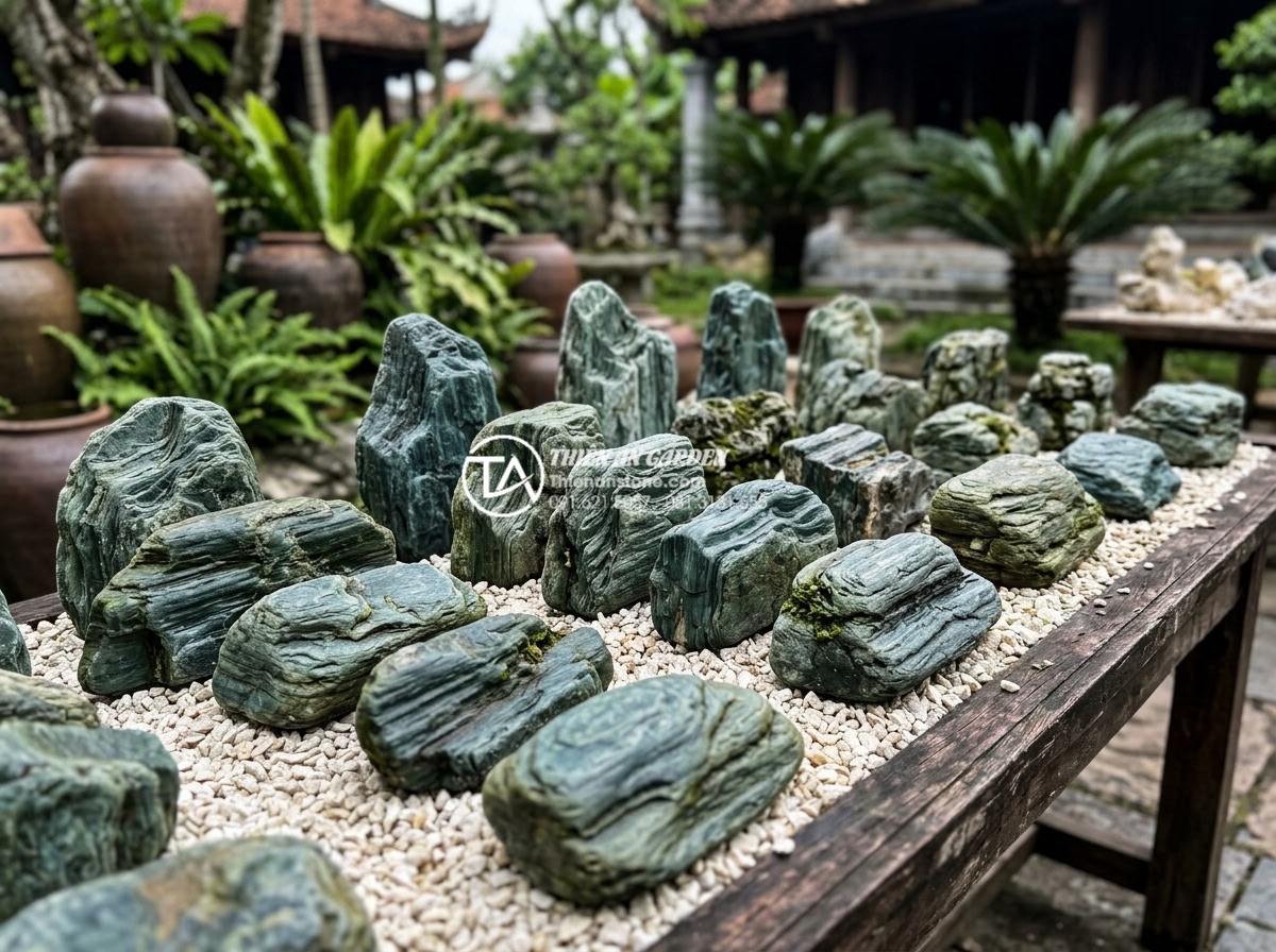 Xu hướng sử dụng đá xanh Nhật Bản làm thác nước sân vườn 2026 - Detailed comparison chart visualization with real stone samples of Japanese gree