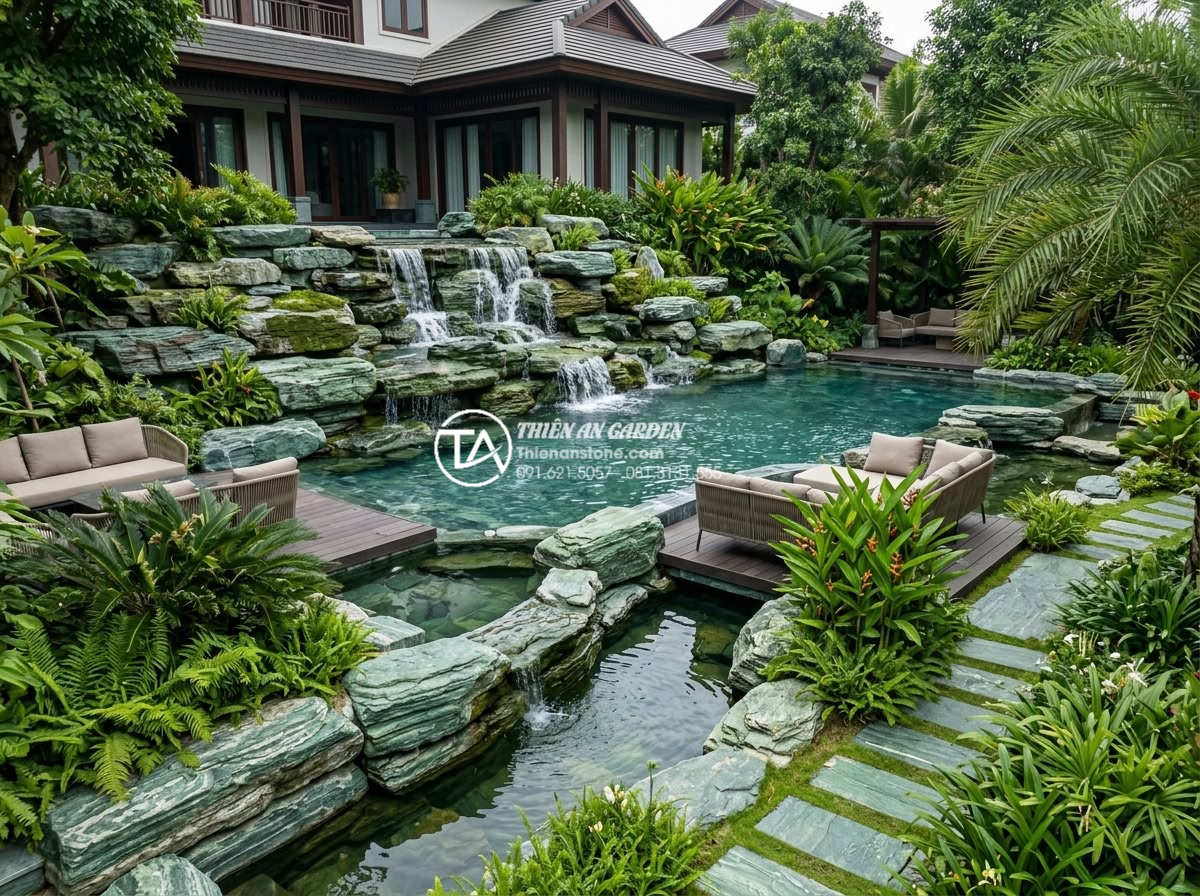 Xu hướng sử dụng đá xanh Nhật Bản làm thác nước sân vườn 2026 - Luxury villa backyard with extensive Japanese stone waterfall feature, integrate