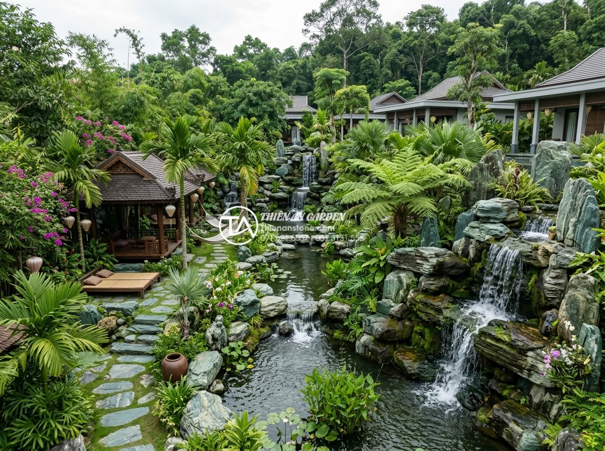Xu hướng sử dụng đá xanh Nhật Bản làm thác nước sân vườn 2026 - Resort-style garden featuring multiple green stone waterfalls, tropical setting 