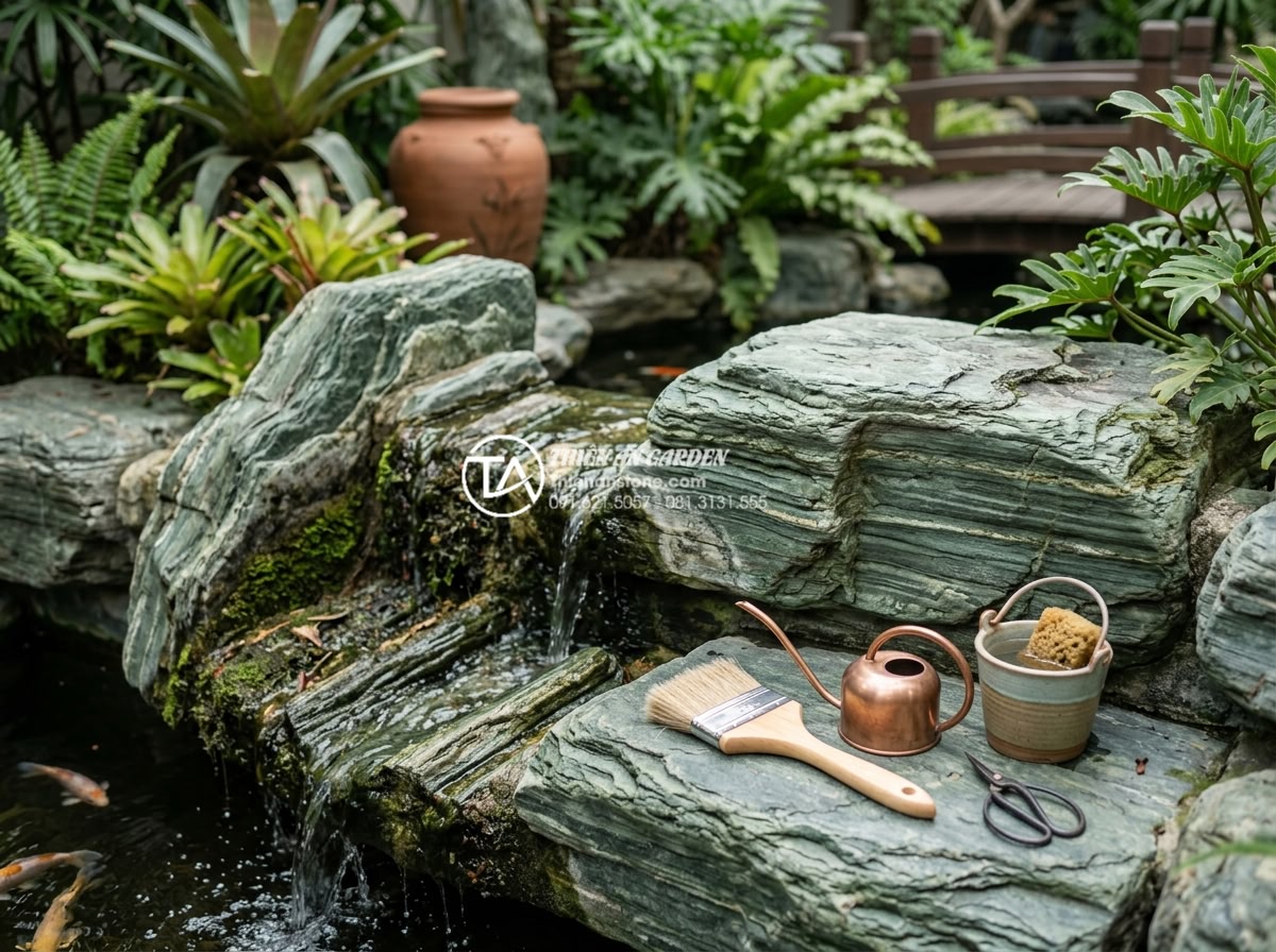 Xu hướng sử dụng đá xanh Nhật Bản làm thác nước sân vườn 2026 - Maintenance guide showing cleaning Japanese blue stone waterfall, tools and tech