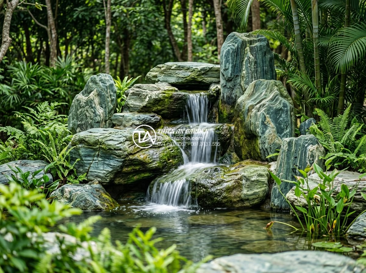 Xu hướng sử dụng đá xanh Nhật Bản làm thác nước sân vườn 2026 - Long-term maintained green stone waterfall in pristine condition after years, vi