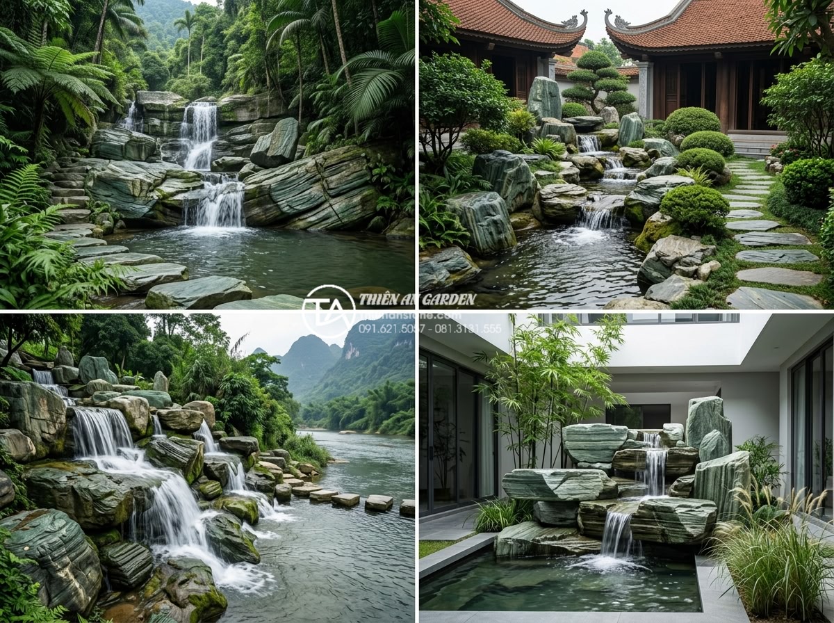 Xu hướng sử dụng đá xanh Nhật Bản làm thác nước sân vườn 2026 - Showcase of completed projects by Thien An Stone company featuring beautiful sto