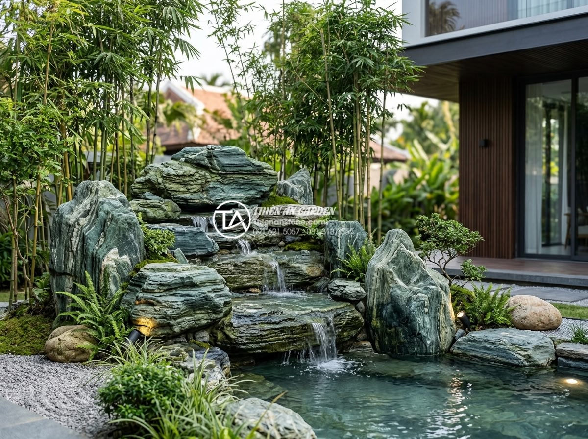 Xu hướng sử dụng đá xanh Nhật Bản làm thác nước sân vườn 2026 - Modern 2026 garden trend featuring a Japanese blue stone waterfall with Zen elem