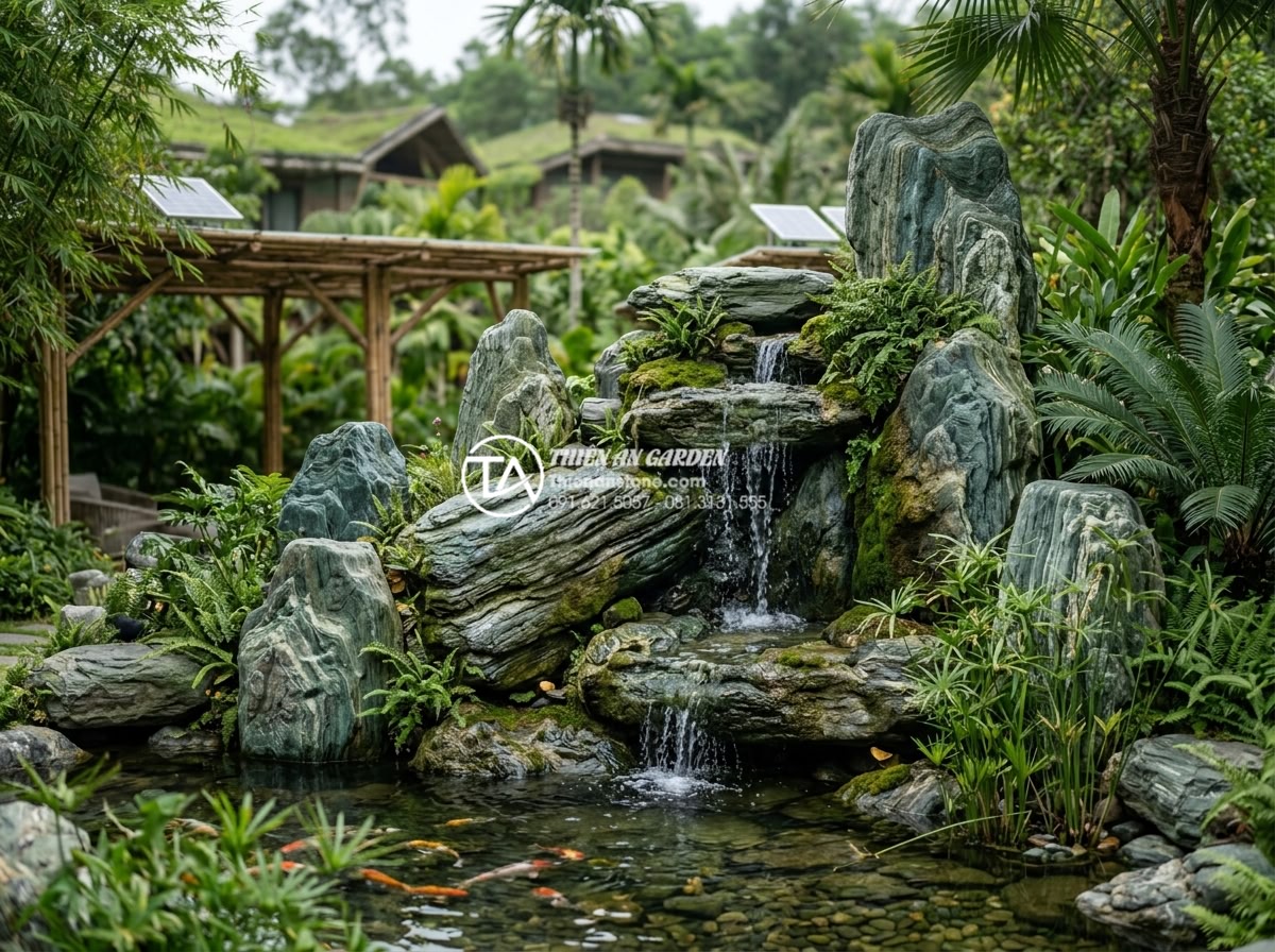 Xu hướng sử dụng đá xanh Nhật Bản làm thác nước sân vườn 2026 - Futuristic 2026 landscape with Japanese green stone waterfall in an eco-friendly