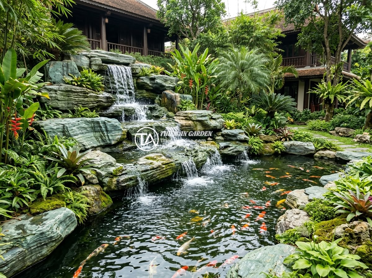 Xu hướng sử dụng đá xanh Nhật Bản làm thác nước sân vườn 2026 - Elegant multi-tiered high waterfall made of Japanese blue-green stones in a spac