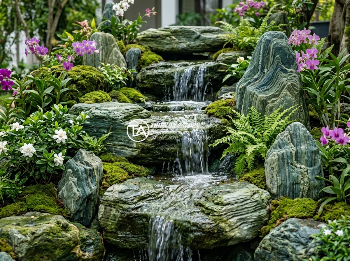 Xu hướng sử dụng đá xanh Nhật Bản làm thác nước sân vườn 2026 - Detailed view of a tiered Japanese stone waterfall design using green rocks, rea
