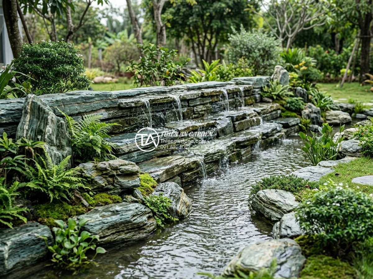 Xu hướng sử dụng đá xanh Nhật Bản làm thác nước sân vườn 2026 - Long horizontal waterfall using layered Japanese blue stones in a flat garden la