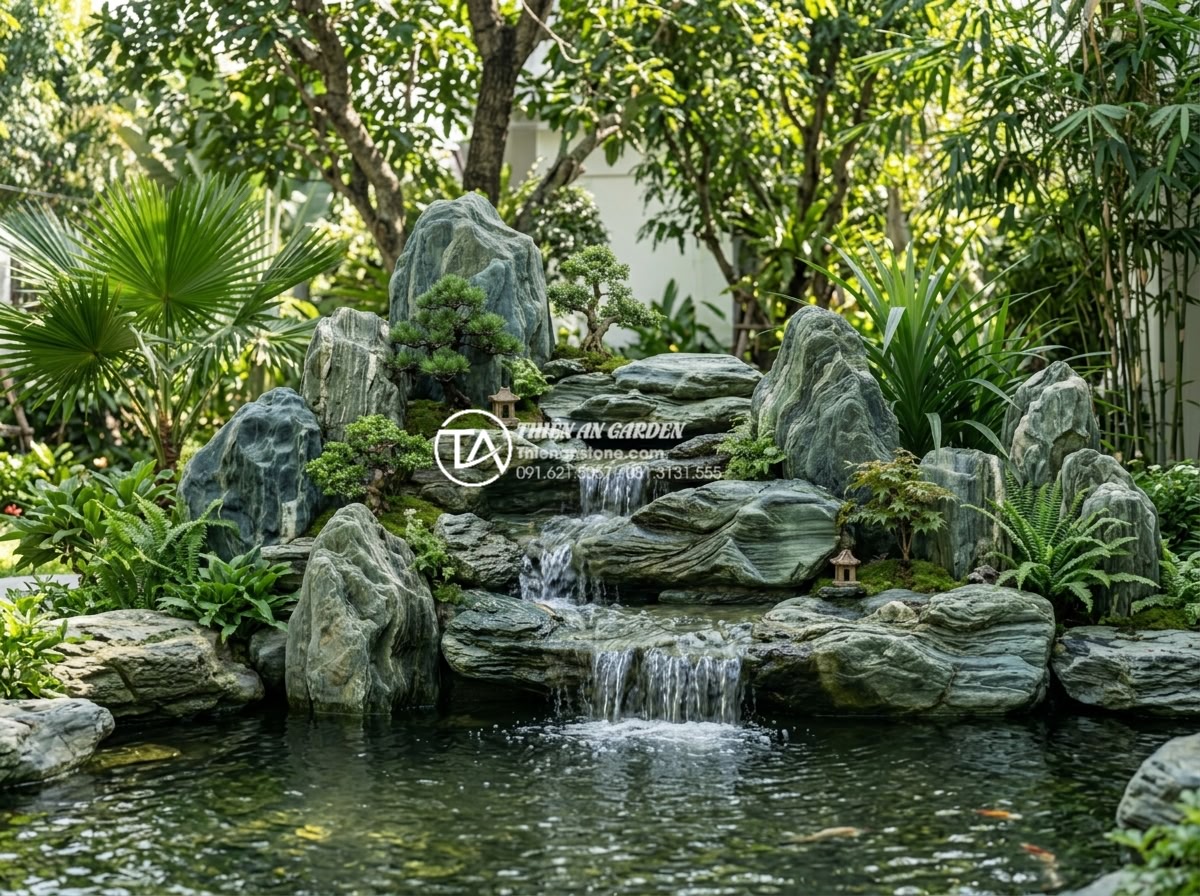 Xu hướng sử dụng đá xanh Nhật Bản làm thác nước sân vườn 2026 - Artistic horizontal stone waterfall with Japanese green rocks, natural water mov