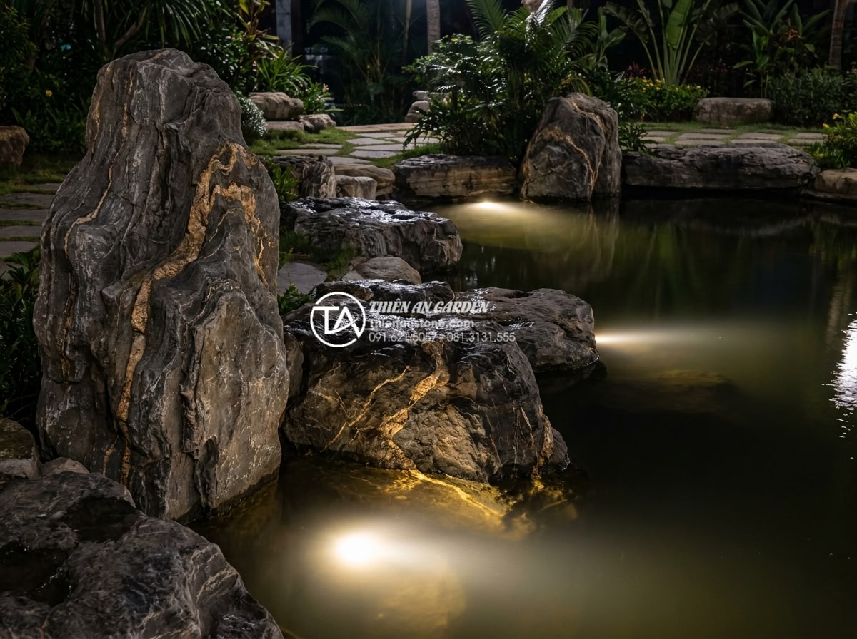 Ý tưởng kết hợp đá trầm tích và đèn Led cho sân vườn ban đêm - Large sedimentary boulders arranged around a pond with underwater LED lights enh