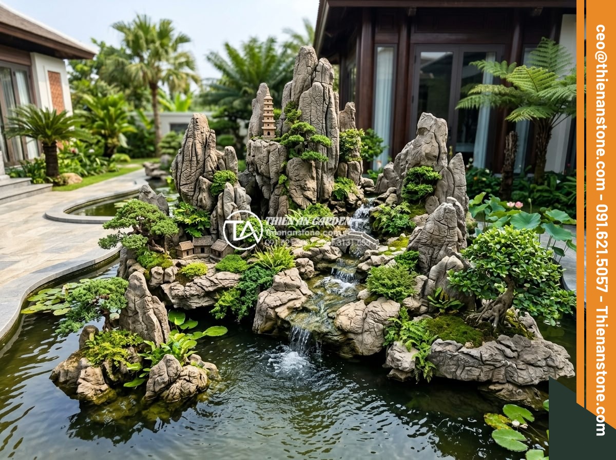 10 Loại đá tự nhiên chuyên dụng cho tiểu cảnh sân vườn mỹ nghệ - Hình 1 10 Loại đá tự nhiên chuyên dụng cho tiểu cảnh sân vườn mỹ nghệ - Wide angle view of an artistic Vietnamese garden rockery using various natural s