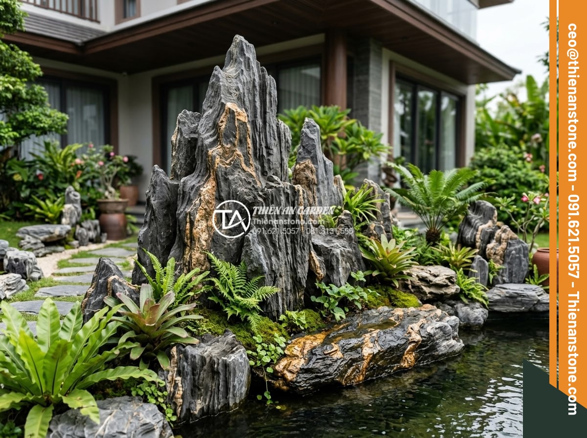 10 Loại đá tự nhiên chuyên dụng cho tiểu cảnh sân vườn mỹ nghệ - Hình 10 10 Loại đá tự nhiên chuyên dụng cho tiểu cảnh sân vườn mỹ nghệ - Granite rock integration in luxury villa garden design, showing durability featu