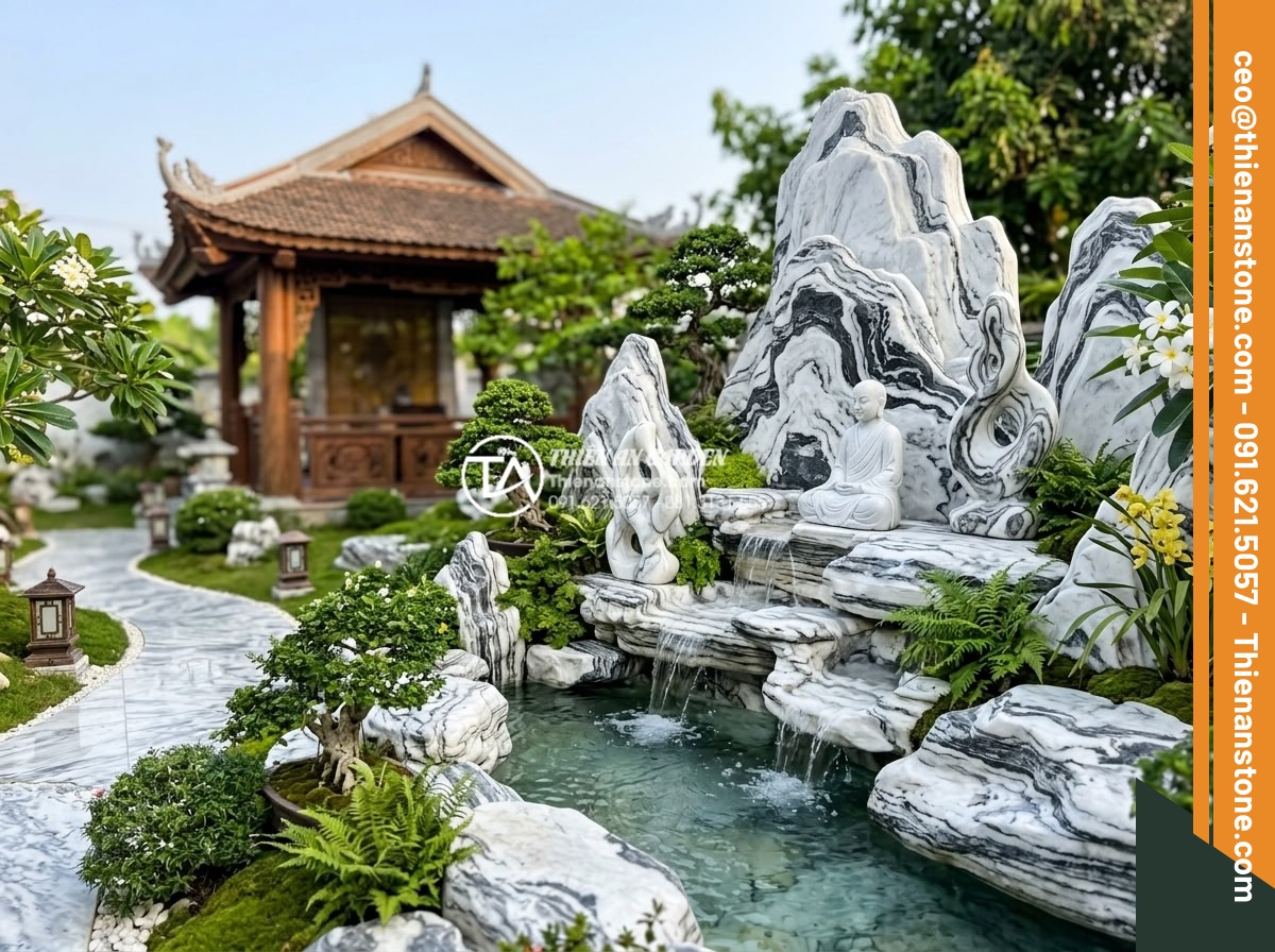 10 Loại đá tự nhiên chuyên dụng cho tiểu cảnh sân vườn mỹ nghệ - Hình 11 10 Loại đá tự nhiên chuyên dụng cho tiểu cảnh sân vườn mỹ nghệ - Luxurious white marble stones with intricate veining used in elegant garden rock