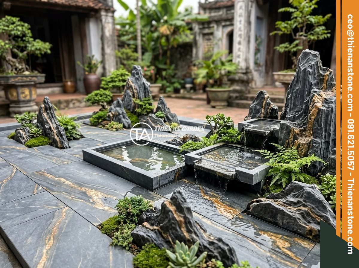 10 Loại đá tự nhiên chuyên dụng cho tiểu cảnh sân vườn mỹ nghệ - Hình 17 10 Loại đá tự nhiên chuyên dụng cho tiểu cảnh sân vườn mỹ nghệ - Sleek slate stone tiles arranged in modern garden miniature scene with clean lin