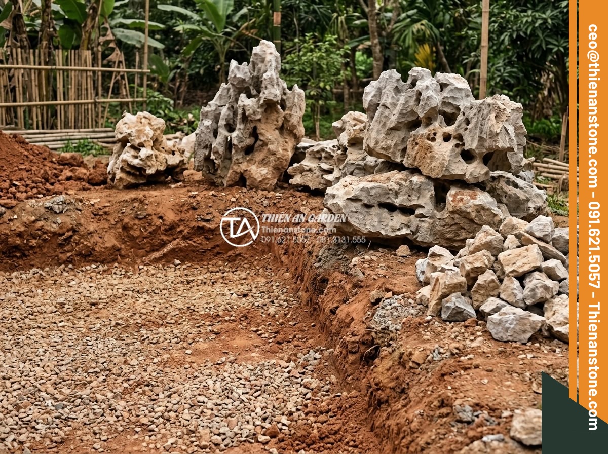 10 Loại đá tự nhiên chuyên dụng cho tiểu cảnh sân vườn mỹ nghệ - Hình 23 10 Loại đá tự nhiên chuyên dụng cho tiểu cảnh sân vườn mỹ nghệ - Step-by-step construction process of natural stone garden rockery, showing worke