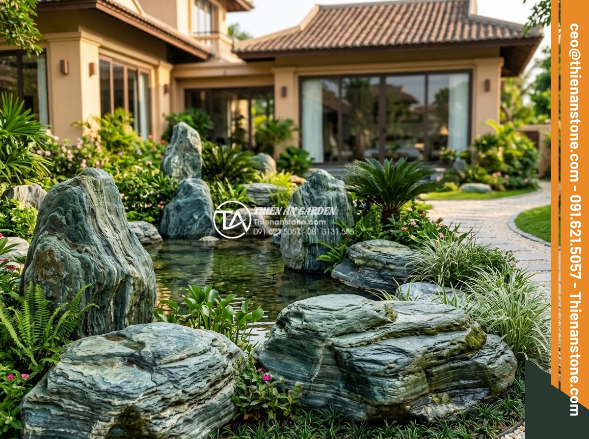 10 Loại đá tự nhiên chuyên dụng cho tiểu cảnh sân vườn mỹ nghệ - Hình 26 10 Loại đá tự nhiên chuyên dụng cho tiểu cảnh sân vườn mỹ nghệ - Final luxurious completed garden landscape featuring multiple natural stones in