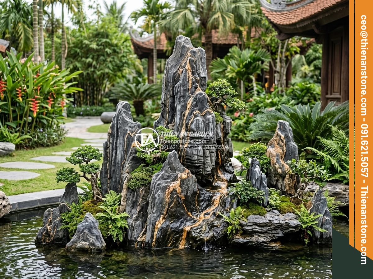10 Loại đá tự nhiên chuyên dụng cho tiểu cảnh sân vườn mỹ nghệ - Hình 3 10 Loại đá tự nhiên chuyên dụng cho tiểu cảnh sân vườn mỹ nghệ - Luxurious garden scene showcasing benefits of natural stones in miniature landsc