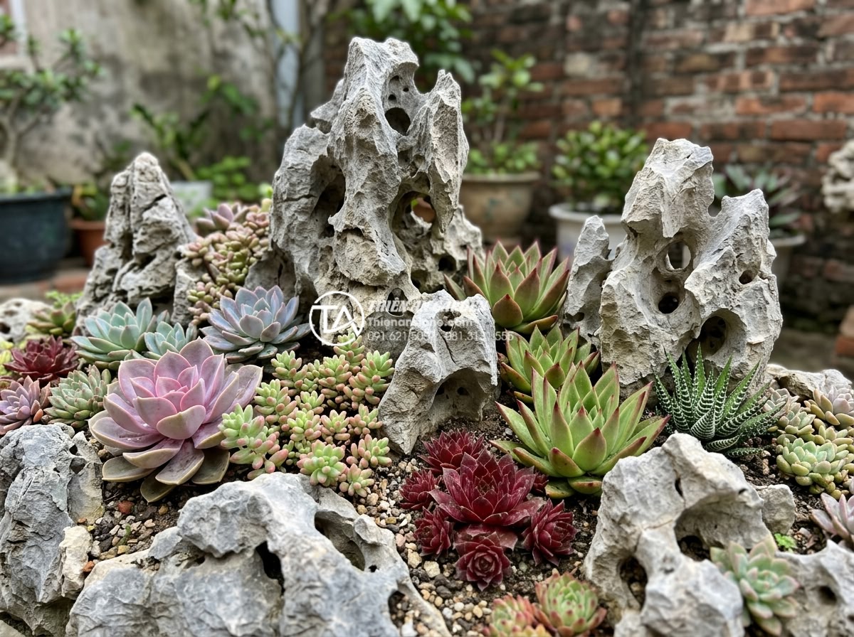 10 Ý tưởng tiểu cảnh sân vườn đơn giản cho người bận rộn - Hình 4 10 Ý tưởng tiểu cảnh sân vườn đơn giản cho người bận rộn - Close-up of pebble stone garden bed combined with colorful succulents for low-ma