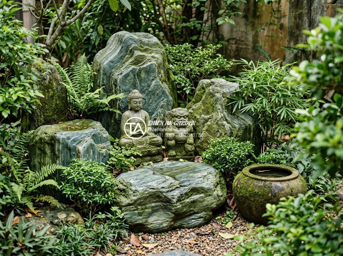 10 Ý tưởng tiểu cảnh sân vườn đơn giản cho người bận rộn - Hình 8 10 Ý tưởng tiểu cảnh sân vườn đơn giản cho người bận rộn - Decorative stone statues integrated with natural boulders in simple garden corne
