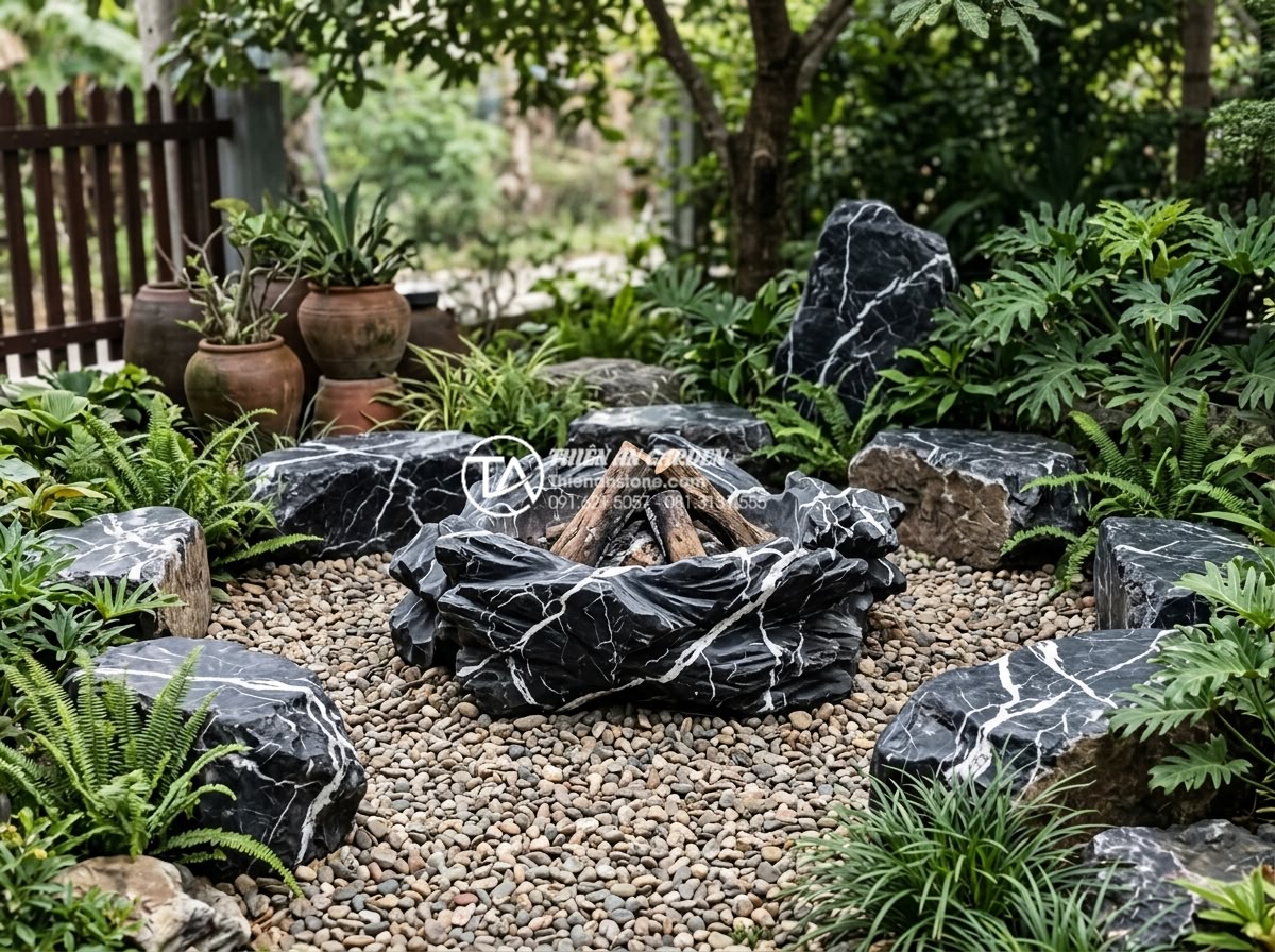 10 Ý tưởng tiểu cảnh sân vườn đơn giản cho người bận rộn - Hình 21 10 Ý tưởng tiểu cảnh sân vườn đơn giản cho người bận rộn - Stone fire pit surrounded by natural rocks and gravel in low-maintenance outdoor
