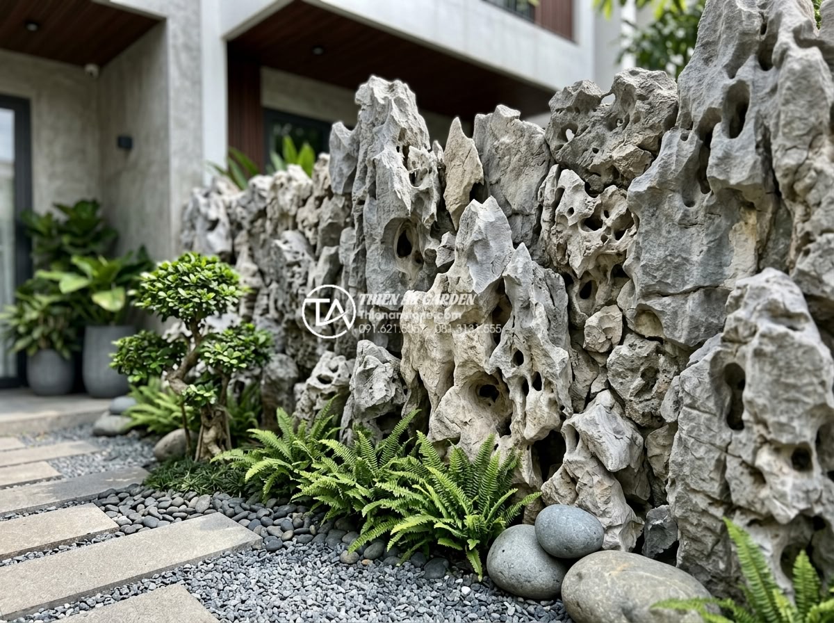 10 Ý tưởng tiểu cảnh sân vườn đơn giản cho người bận rộn - Hình 24 10 Ý tưởng tiểu cảnh sân vườn đơn giản cho người bận rộn - Decorative stone wall feature in compact minimalist garden design