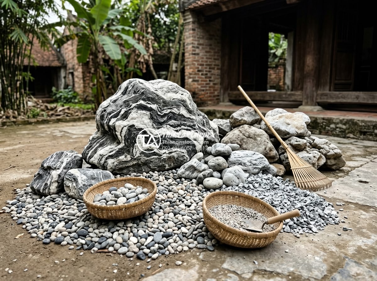 10 Ý tưởng tiểu cảnh sân vườn đơn giản cho người bận rộn - Hình 2 10 Ý tưởng tiểu cảnh sân vườn đơn giản cho người bận rộn - Collection of natural stones, gravel, and landscaping materials prepared for min