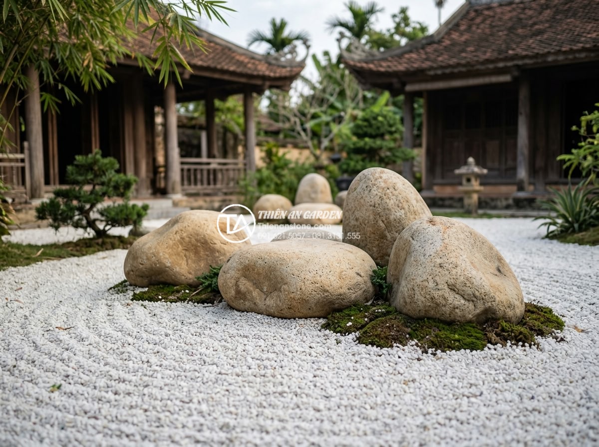 10 Ý tưởng tiểu cảnh sân vườn đơn giản cho người bận rộn - Hình 3 10 Ý tưởng tiểu cảnh sân vườn đơn giản cho người bận rộn - Completed Zen stone garden featuring raked white pebbles, prominent carved rocks