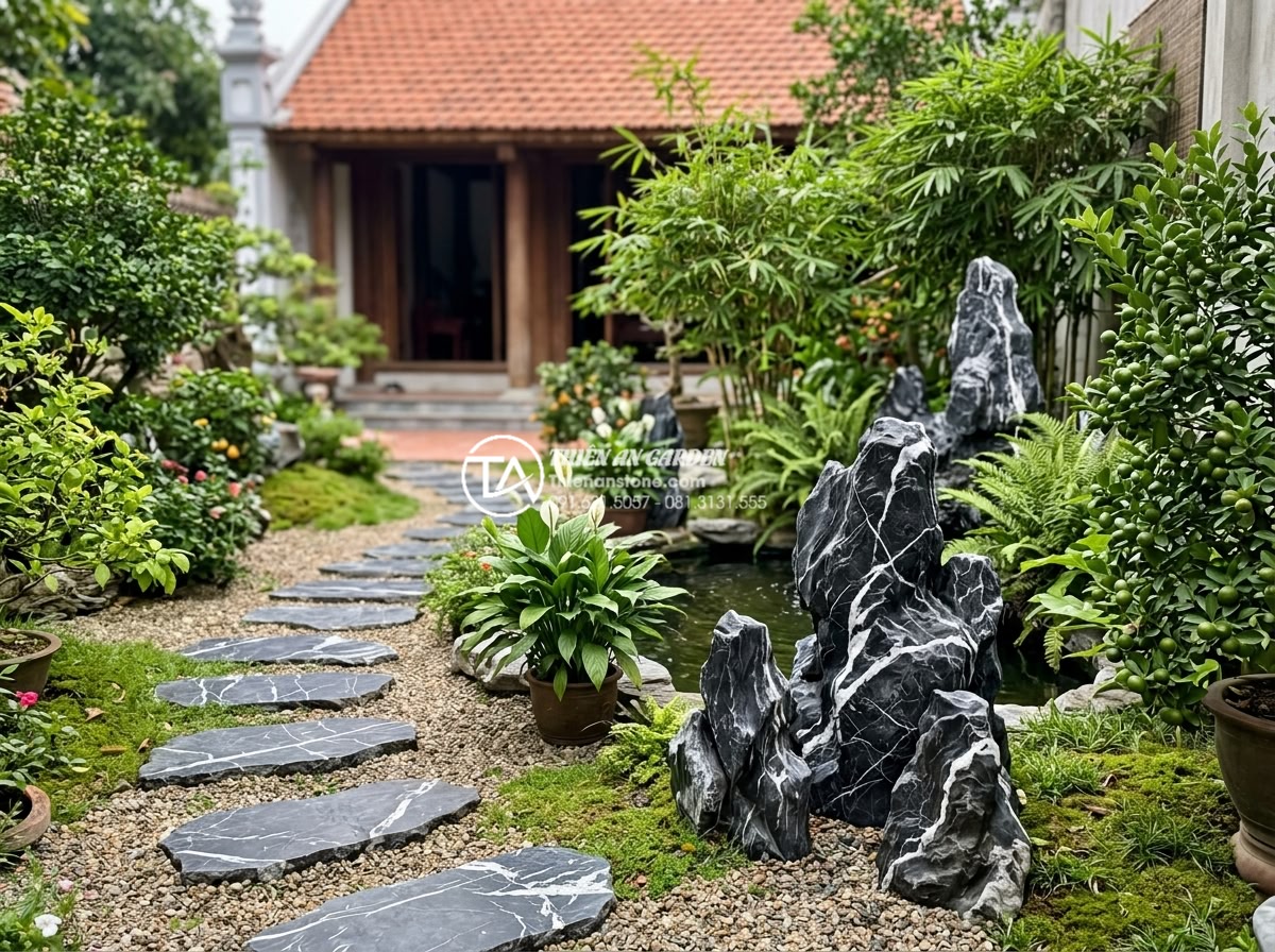 5 Lỗi phong thủy nghiêm trọng khi đặt tiểu cảnh sân vườn trước nhà - Garden layout avoiding all major feng shui taboos with safe and auspicious stone